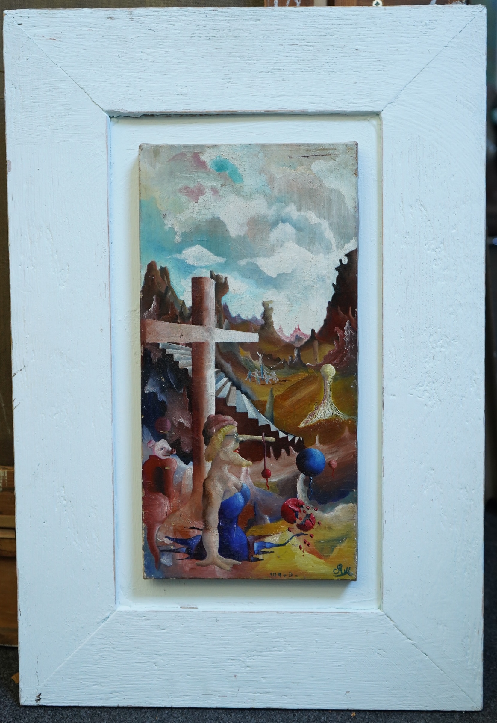James Meikle Guy (American, 1909-1983), Woman in a surrealist landscape, oil on canvas, 36 x 18cm